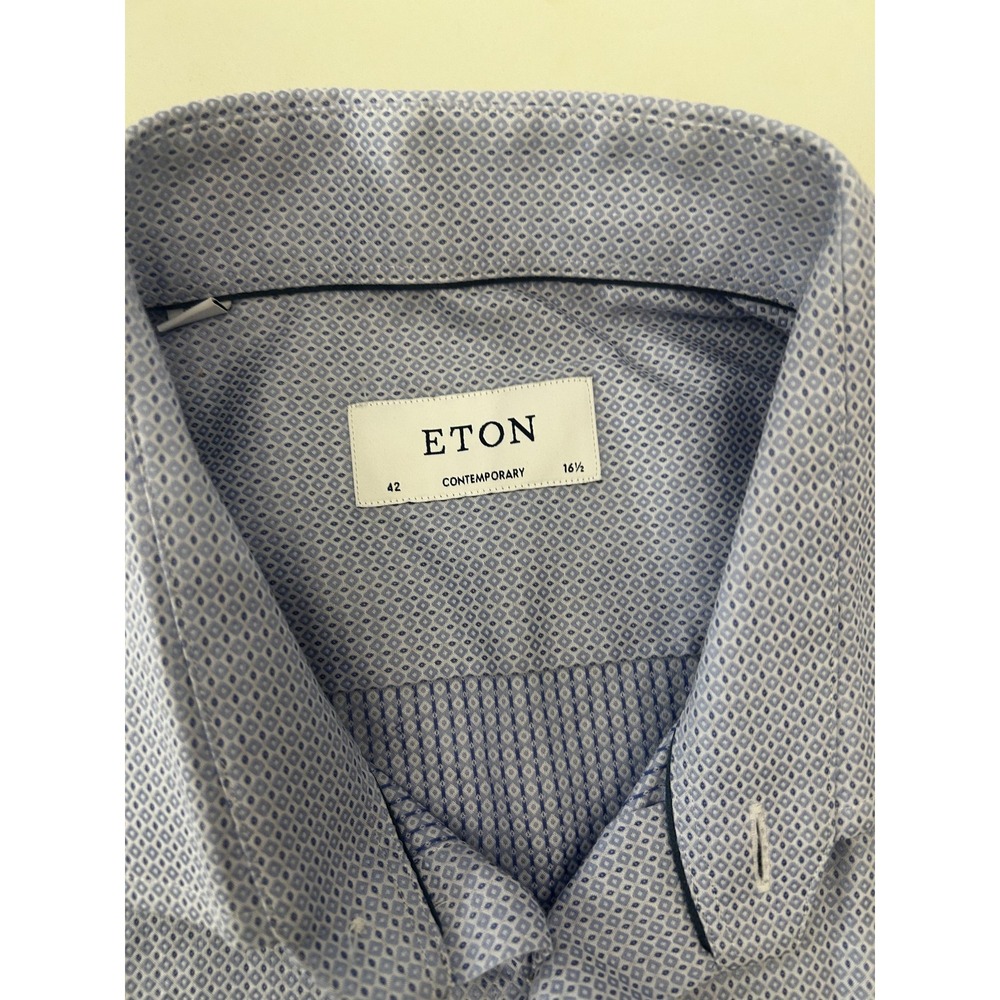 Eton Shirt Mens 42 16.5 Blue Geometric Regular Fit Dress Long Cotton Luxury